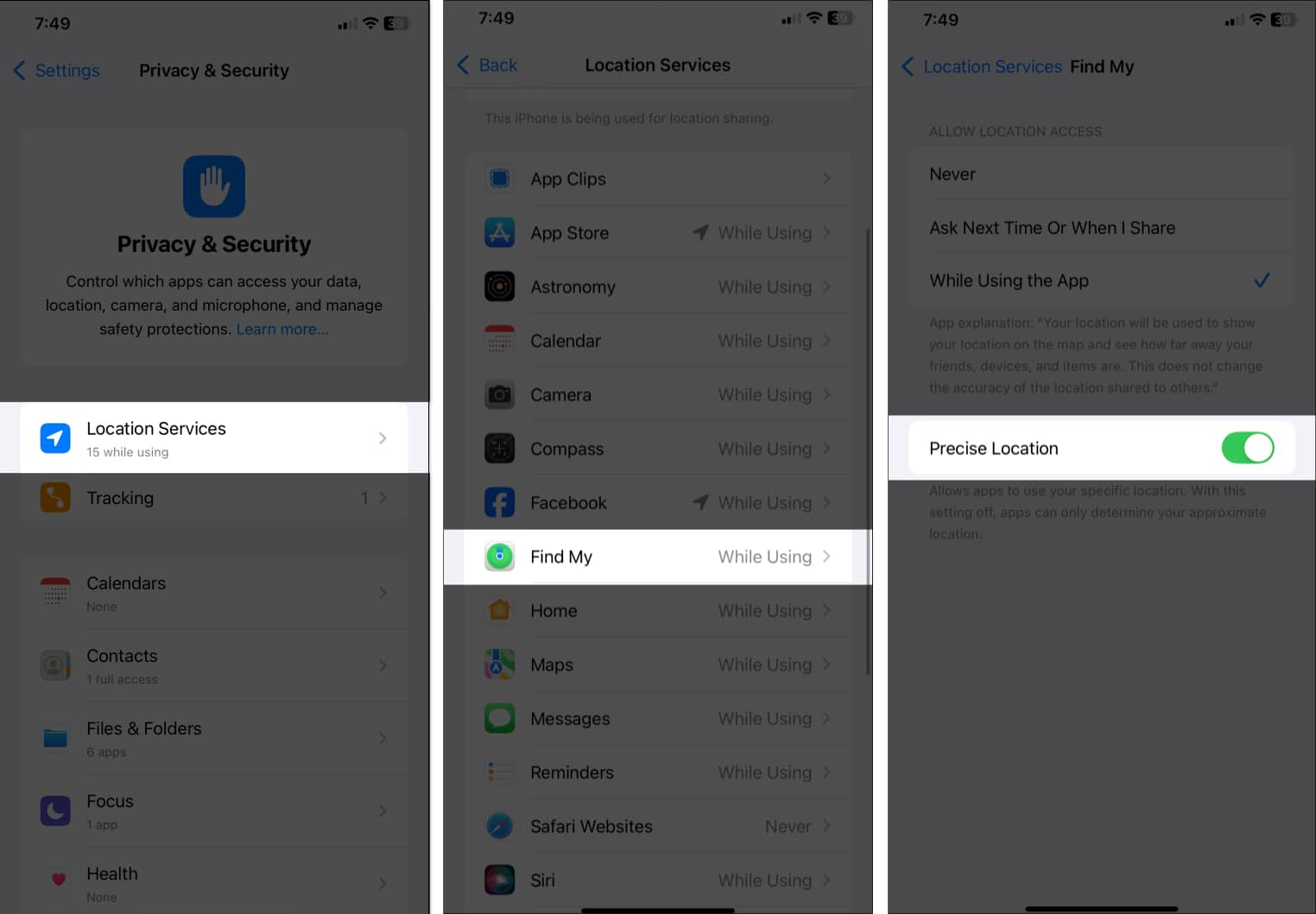 Toggled on Precise Location option for Find My in Location Services settings on an iPhone