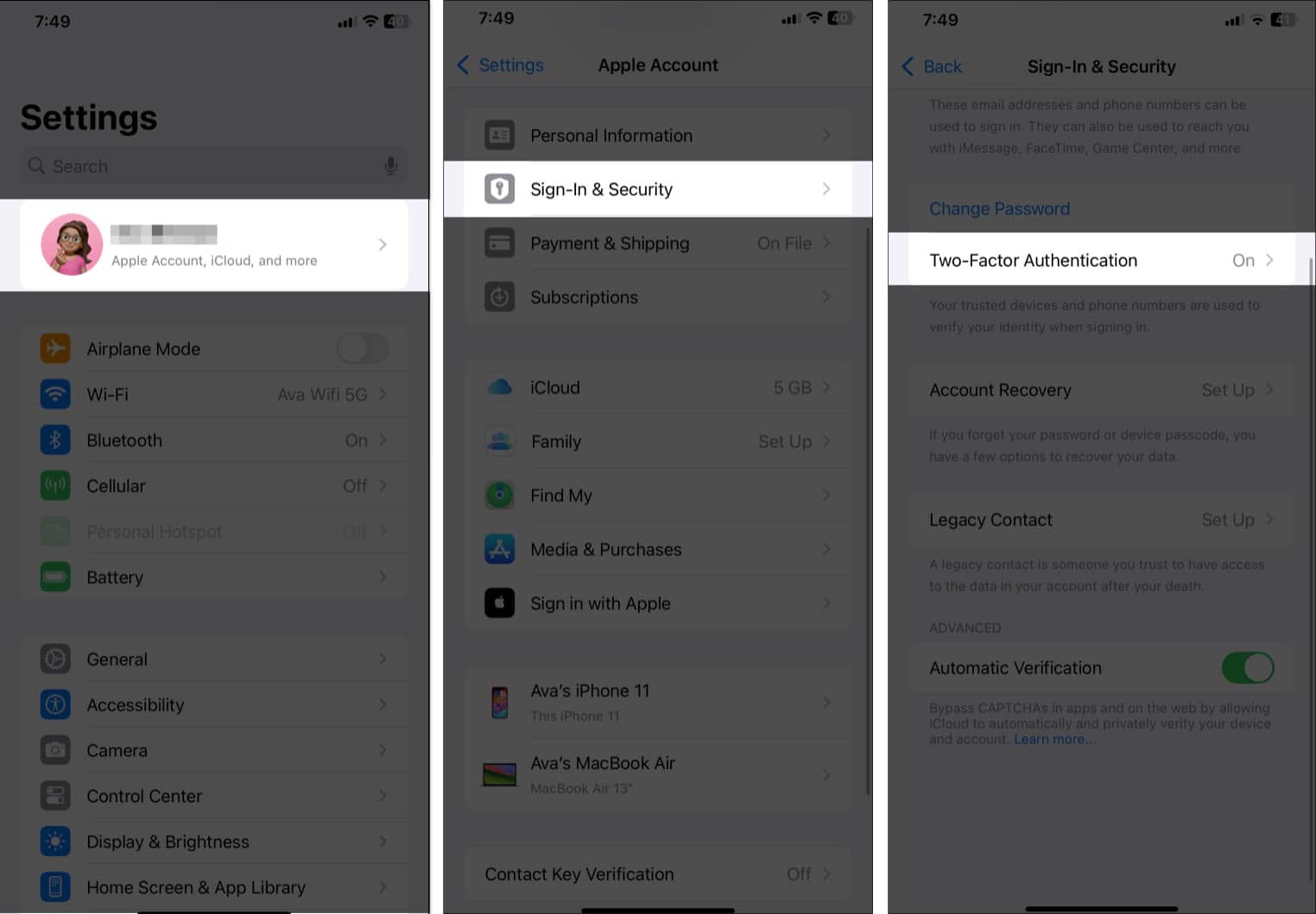 Turning on the Two Factor Authentication option under Sign in  Security settings on an iPhone