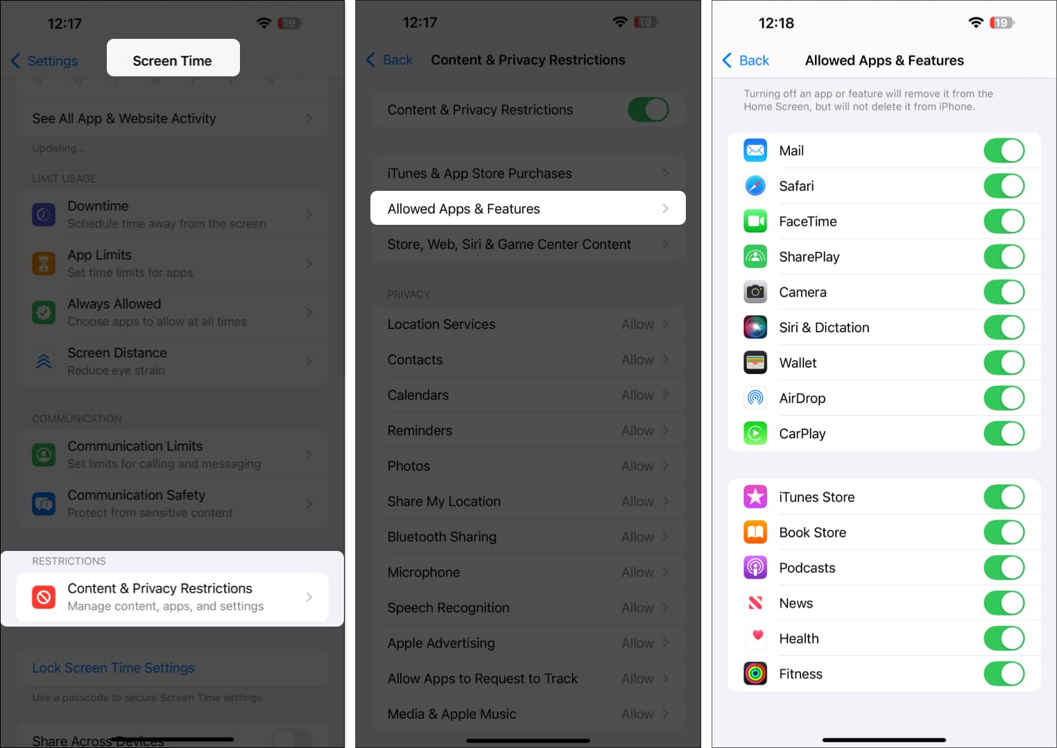 Checking Content  Privacy Restrictions settings for various apps on an iPhone
