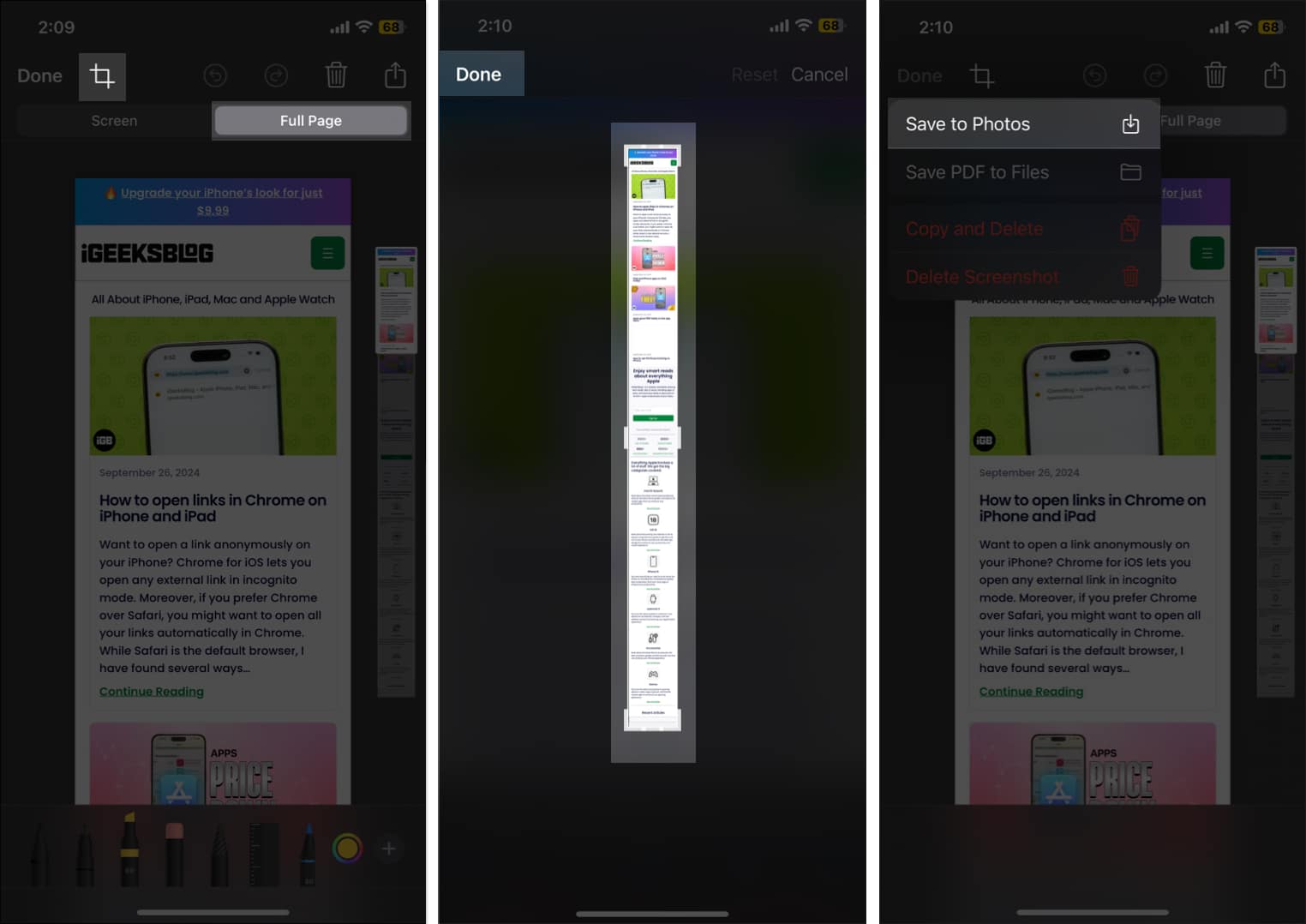 Open preview of screenshot and tap Full Page and crop icon and Done
