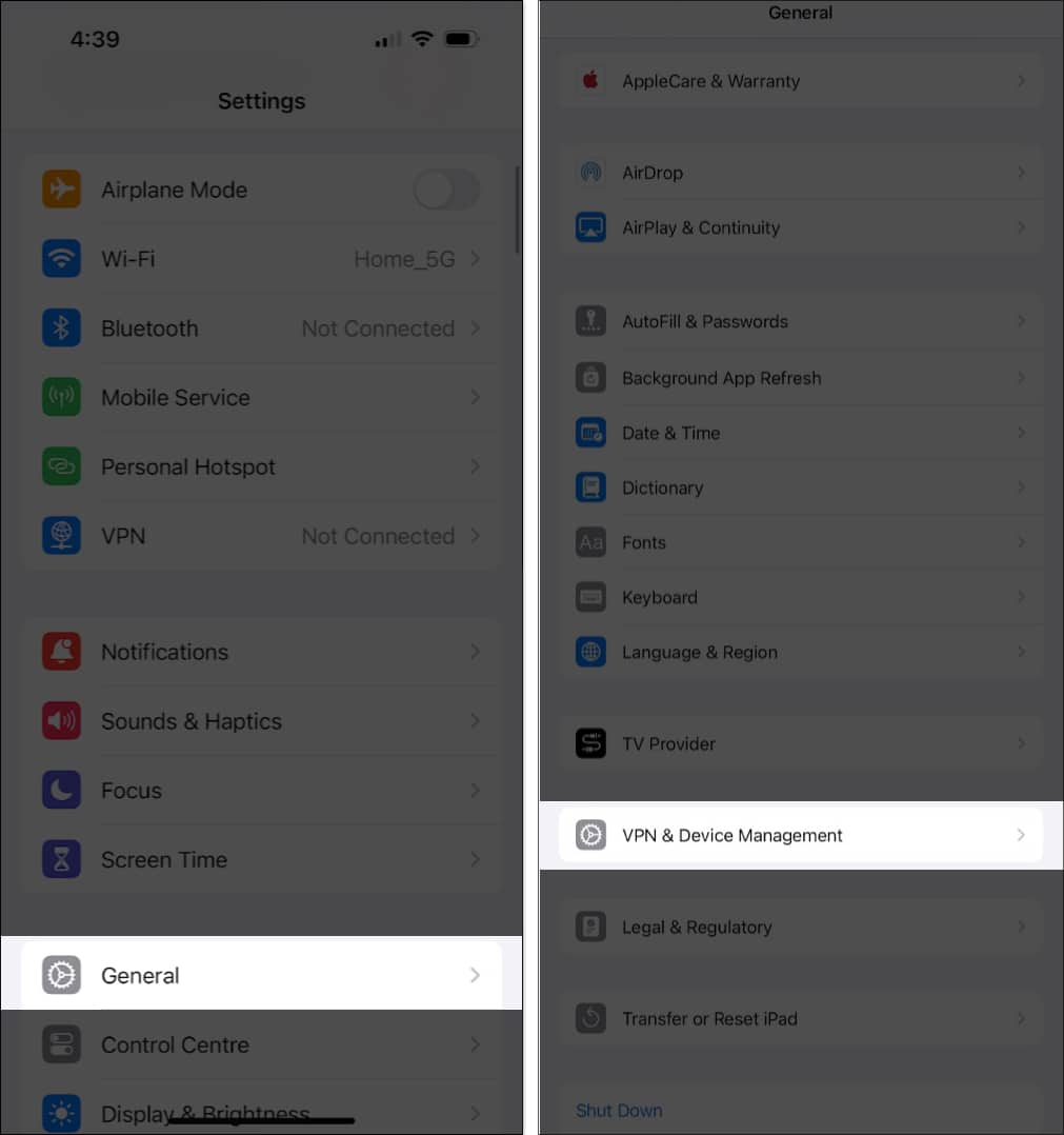 Accessing VPN  Device Management settings in the iPhone Settings app