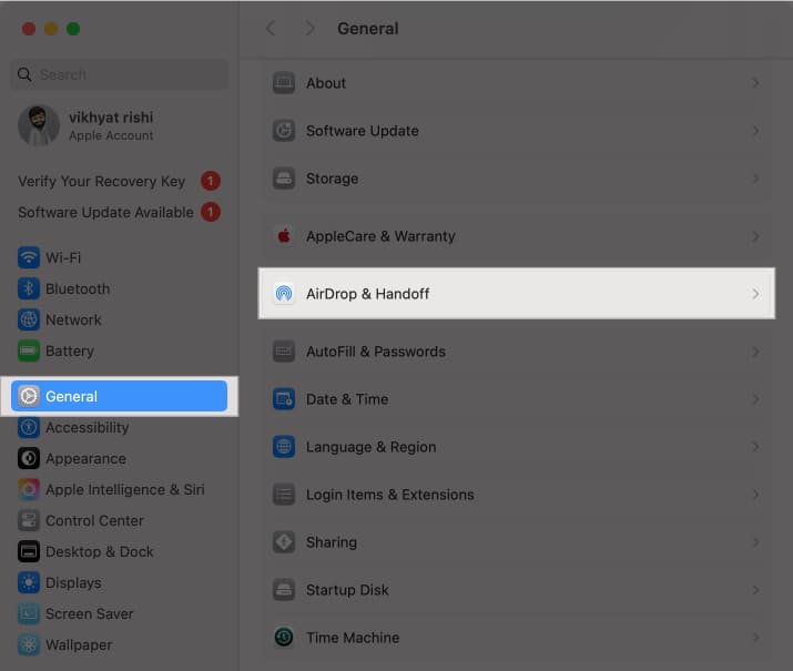 AirDrop  Handoff option in macOS System Settings on a Mac