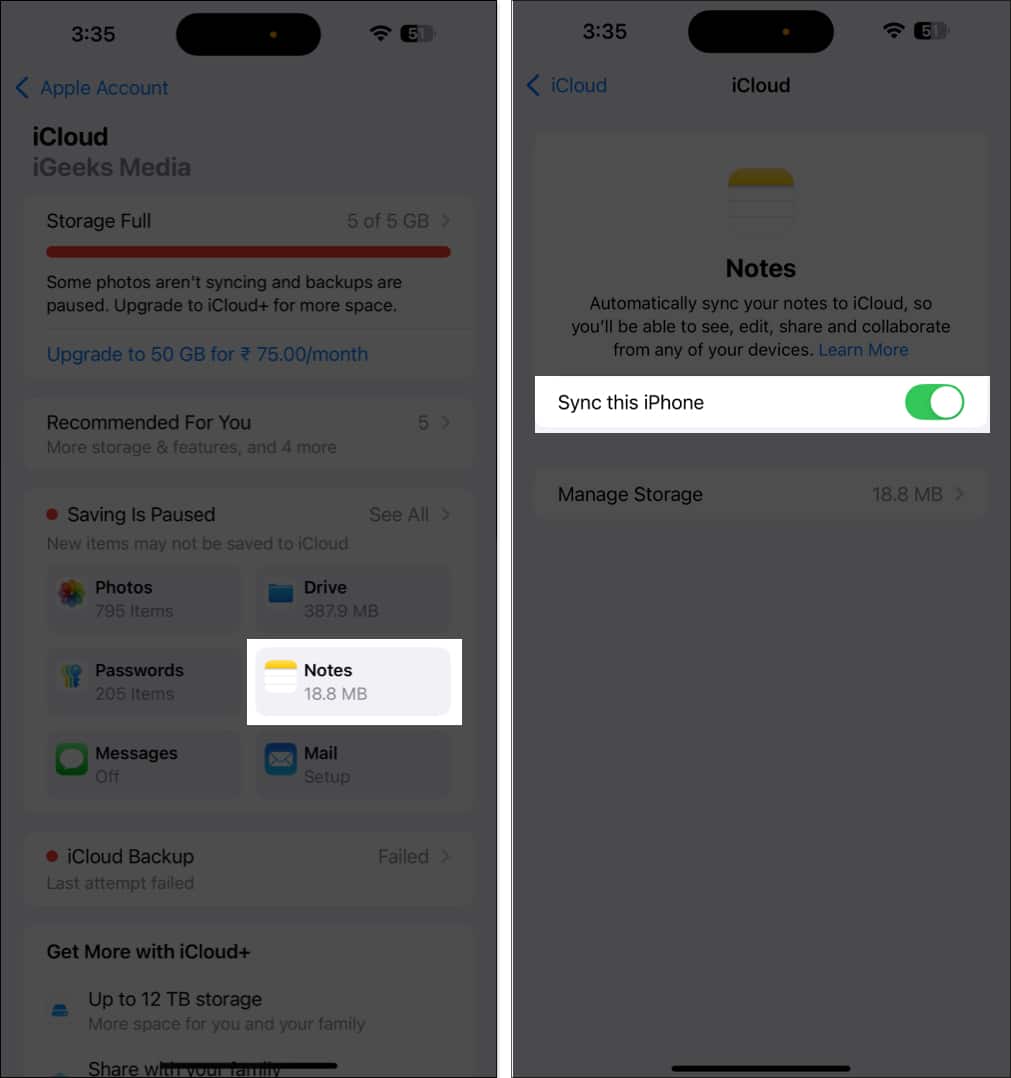 Select Notes and toggle on Sync this iPhone