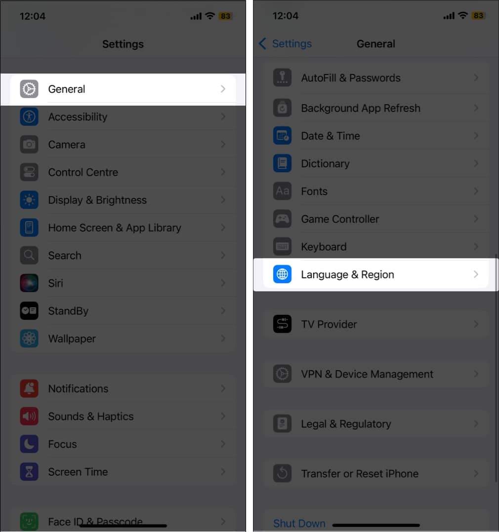 Accessing Language  Region settings on an iPhone