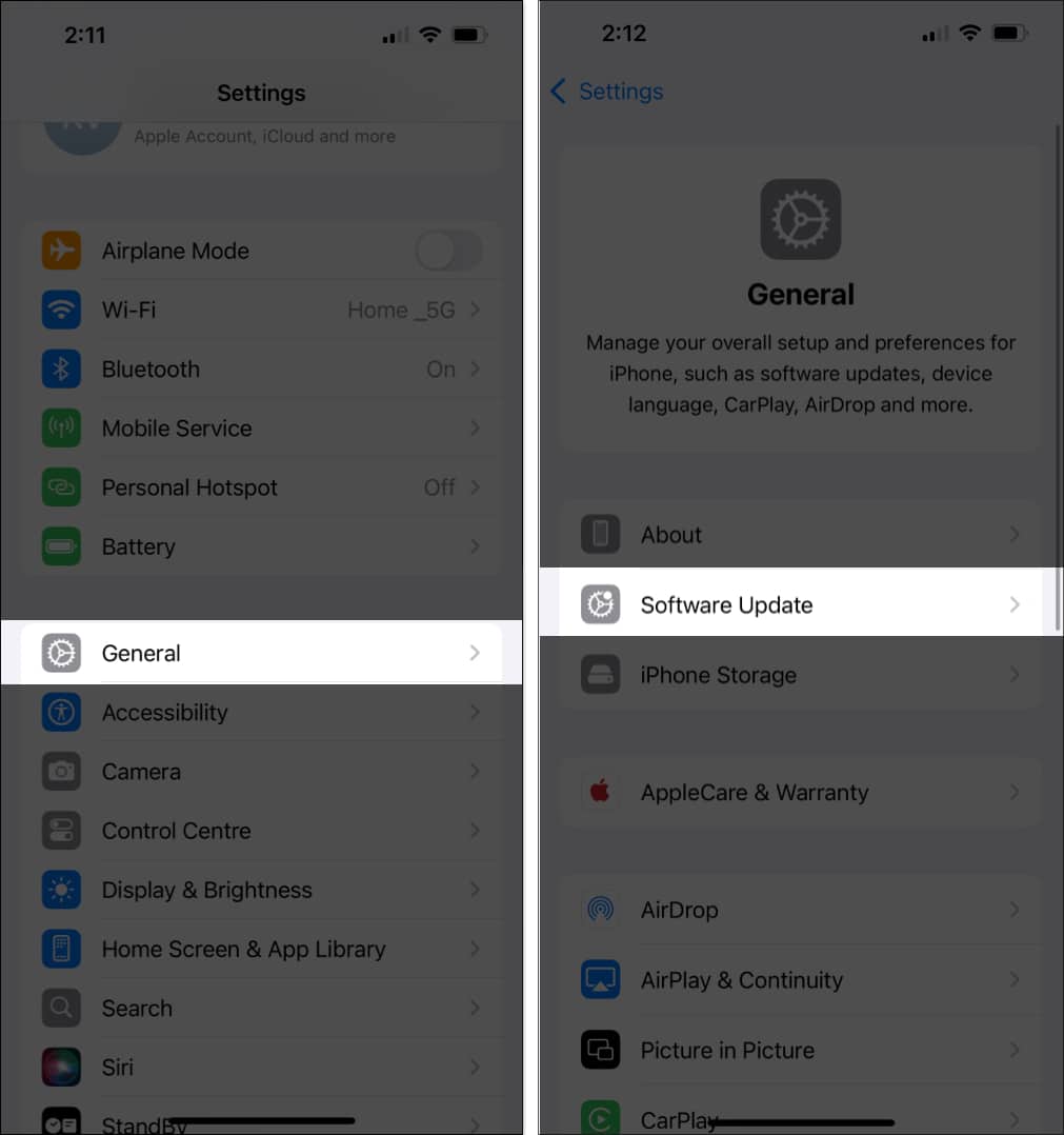 Checking for a pending software update in the iOS Settings app on an iPhone