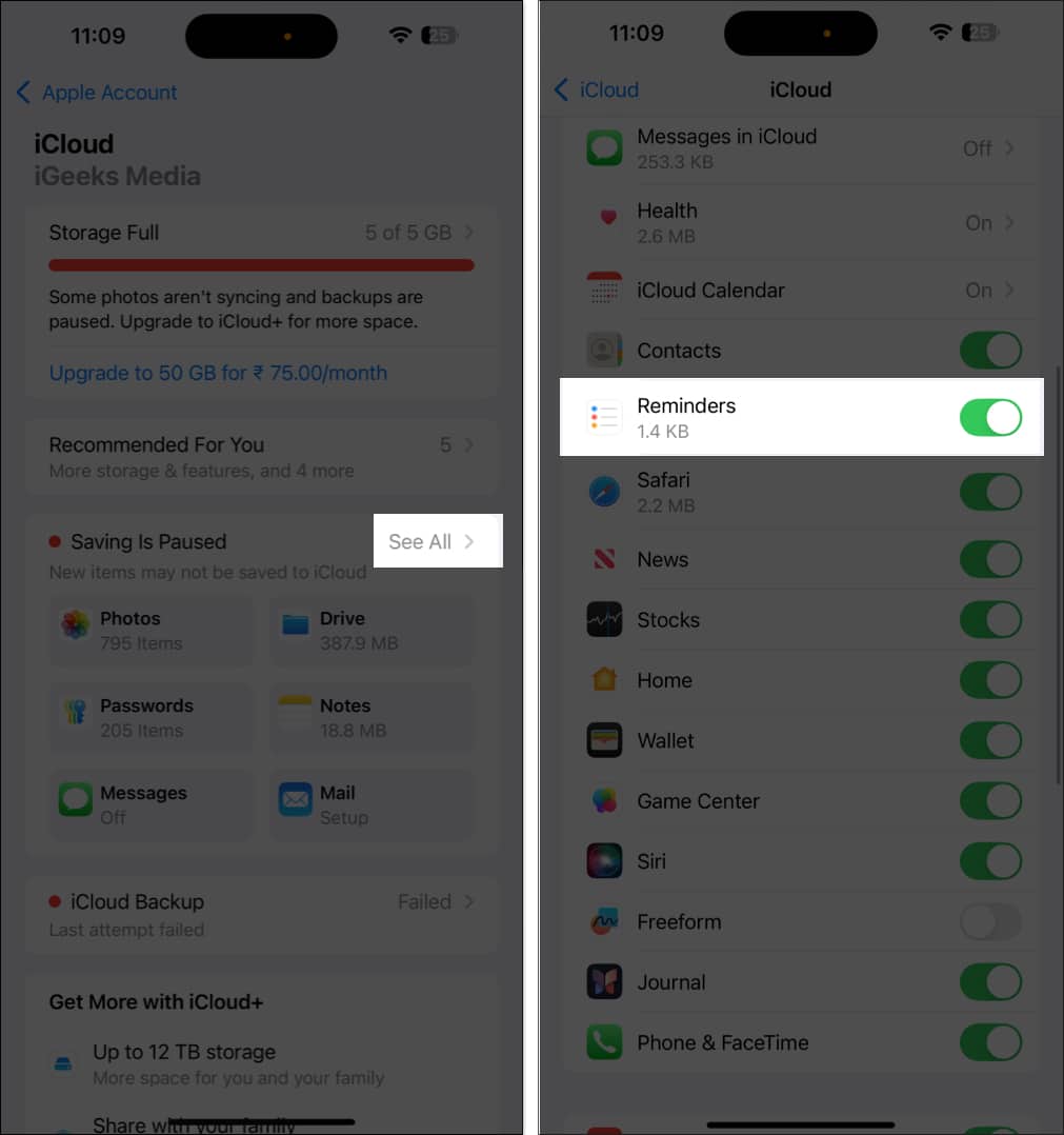 Enabling iCloud sync for Reminders app in  iPhone Settings