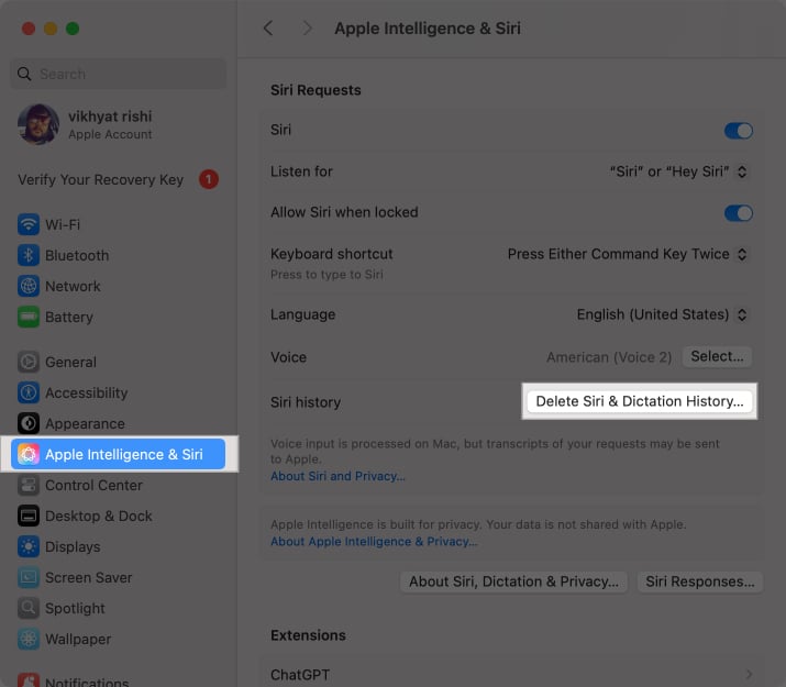 Delete Siri  Dictation History button in Apple System Settings app on a Mac