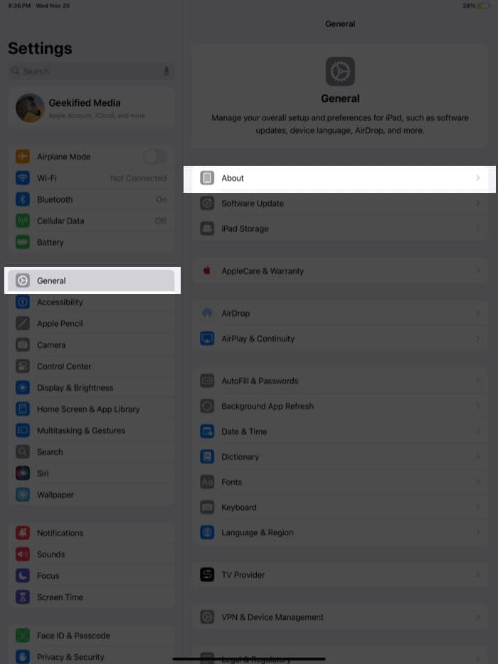 About section in the Settings app on an iPad