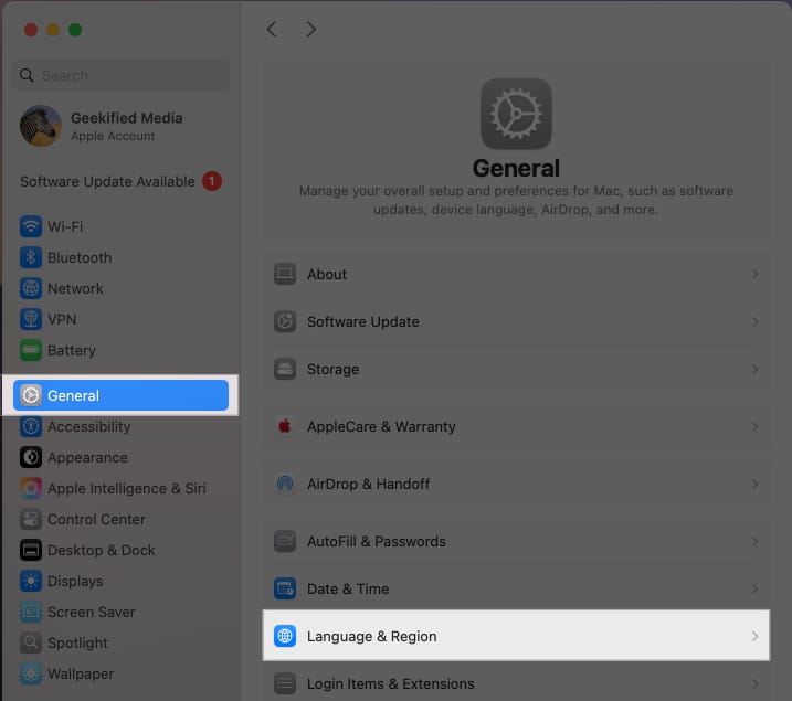 Accessing Language  Region settings on a Mac