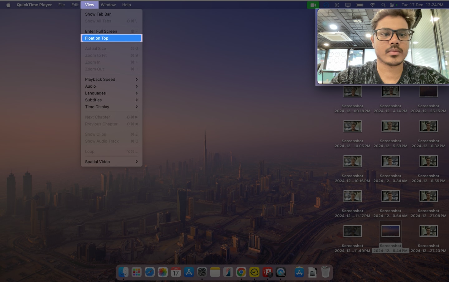 Making Quick Time Player window float on top on a Mac
