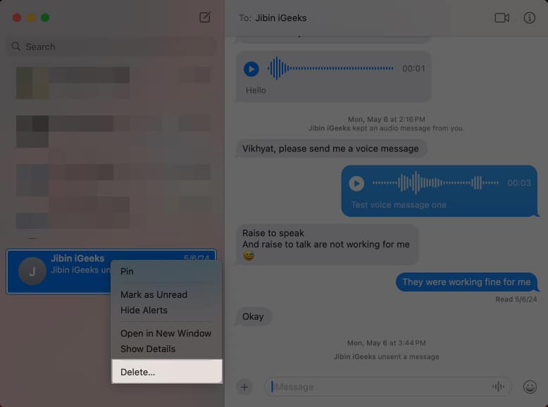 Deleting a conversation thread in the Messages app on a Mac