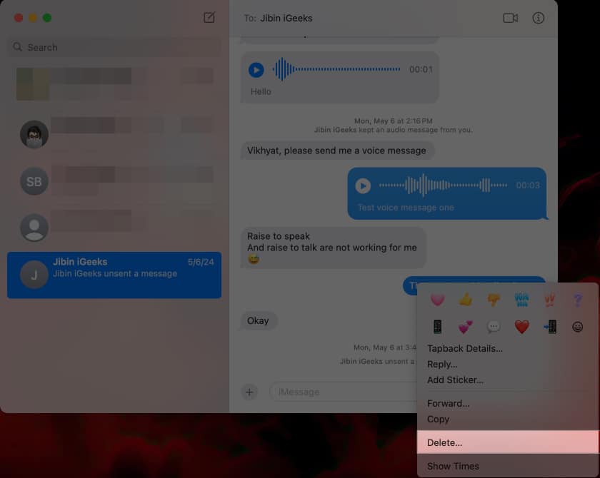 Deleting an individual message in the macOS Messages app