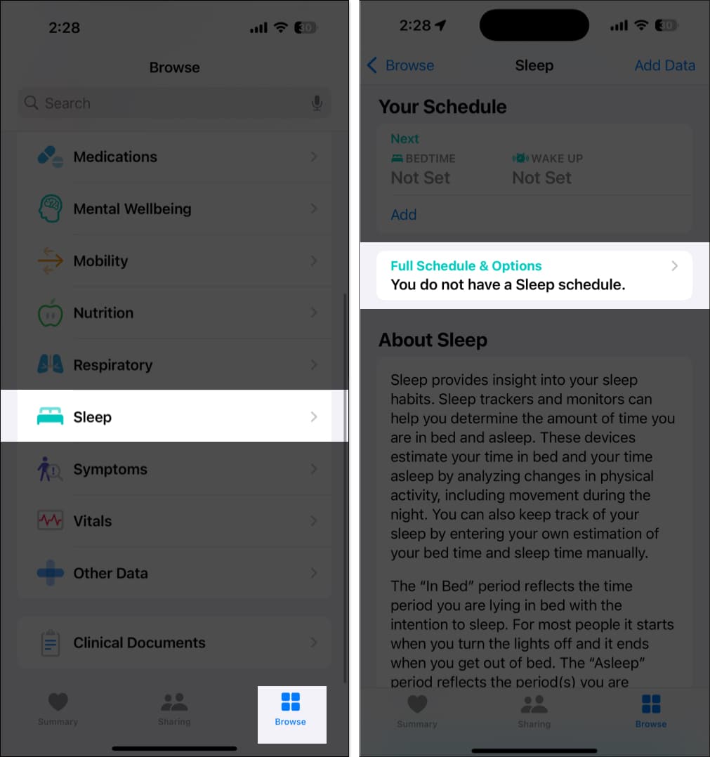 Full Schedule  Options option for setting up a sleep schedule in the Health app