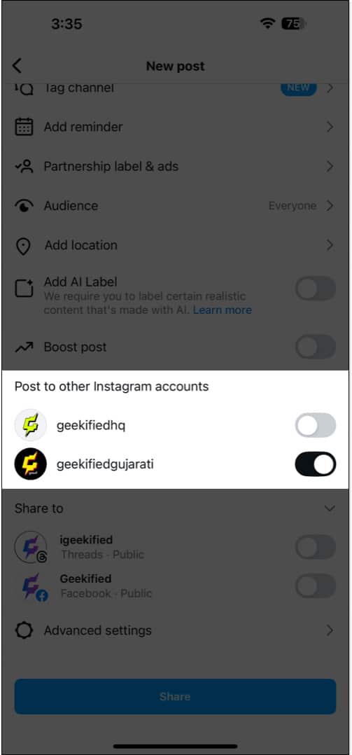 Sharing a post to different Instagram accounts simultaneously on the iPhone app