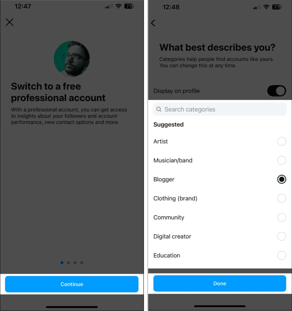 Choosing a category for a professional Instagram account on an iPhone
