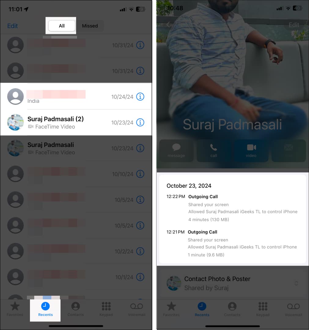 Accessing call history from the Recents tab in the Phone app on an iPhone