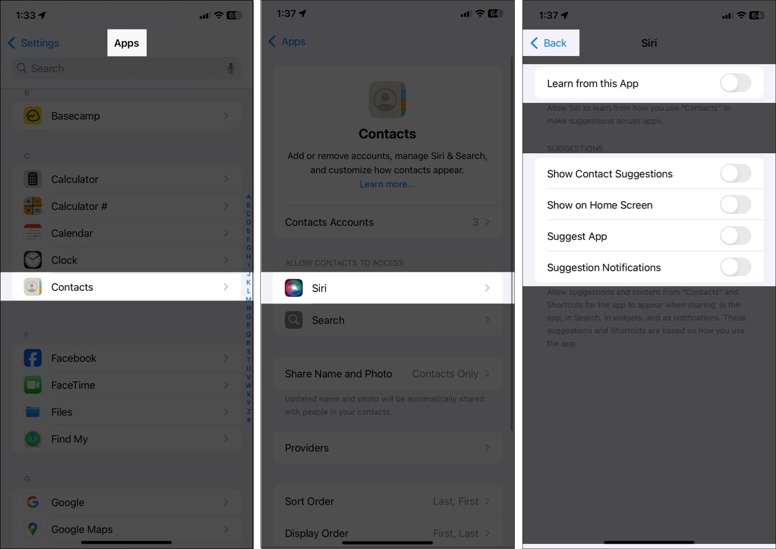 Accessing Contacts from iOS settings and toggling off all options for Siri