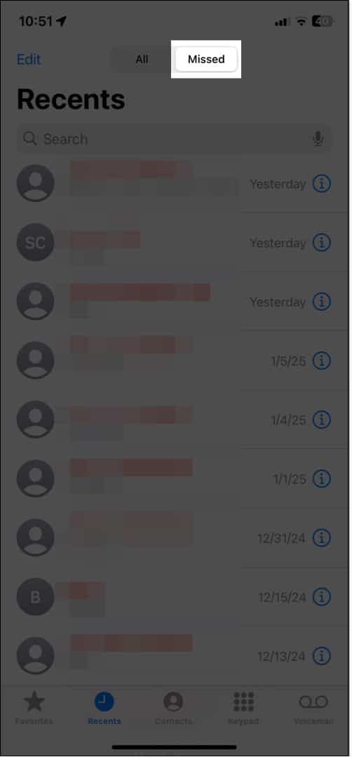 Accessing the Missed call tab in the Phone app on an iPhone