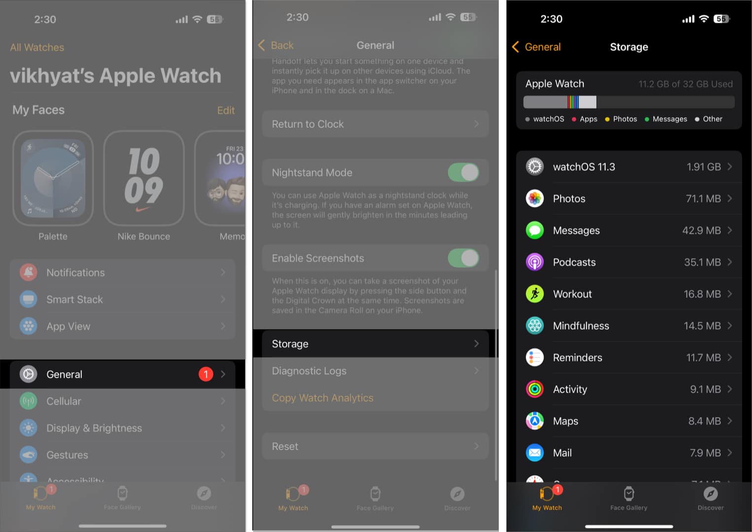 Accessing the Storage page in the Watch app on an iPhone