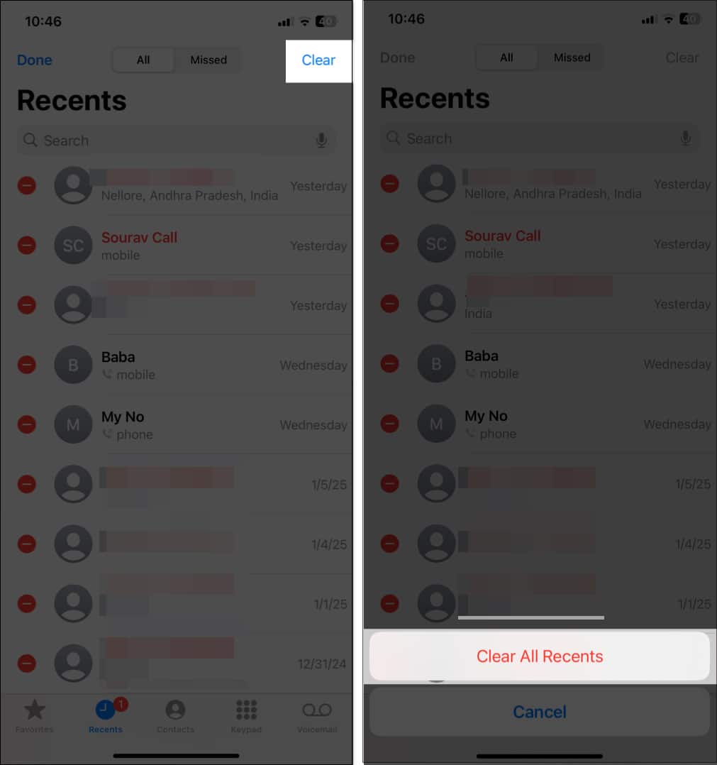 Clearing all Recent calls on an iPhone