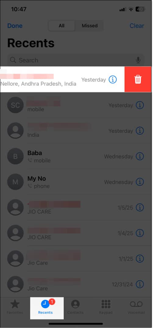 Deleting a call log from the Recents tab on the iOS Phone app