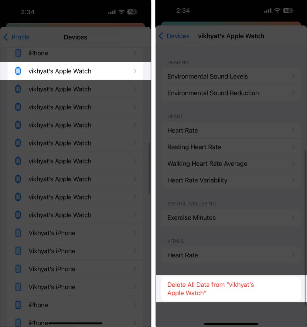 Deleting an Apple Watch's old health data in the Health app on an iPhone.