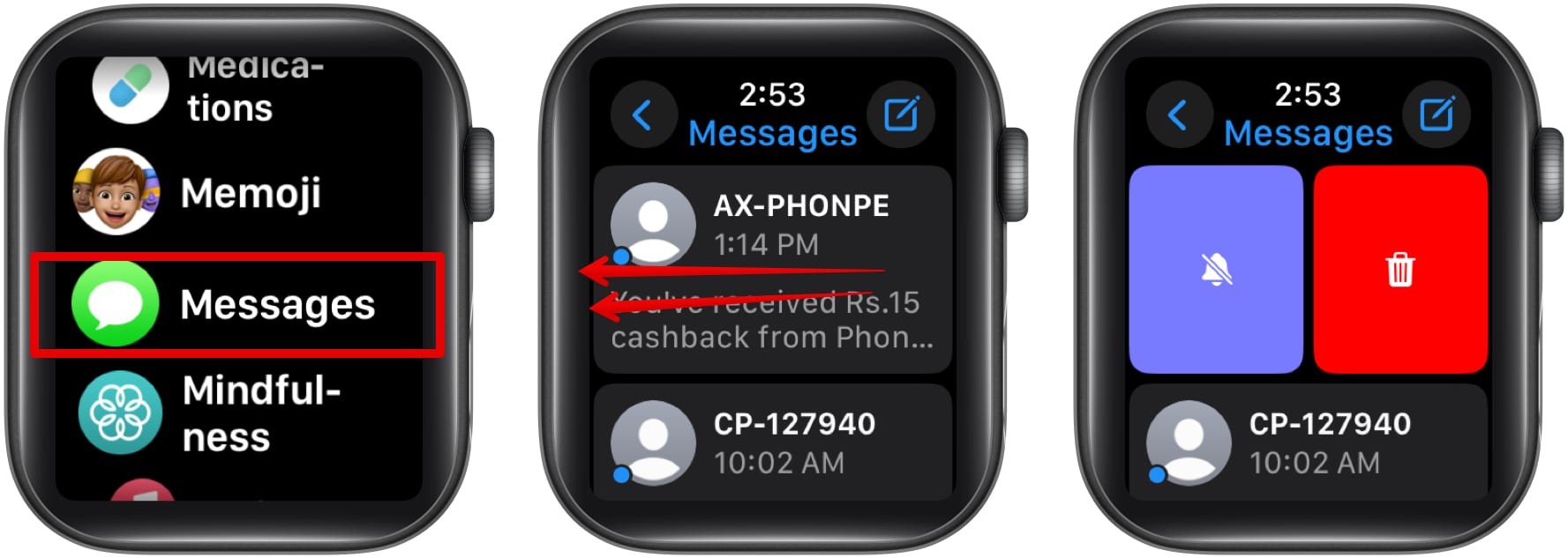 Deleting a conversation in the Messages app on an Apple Watch