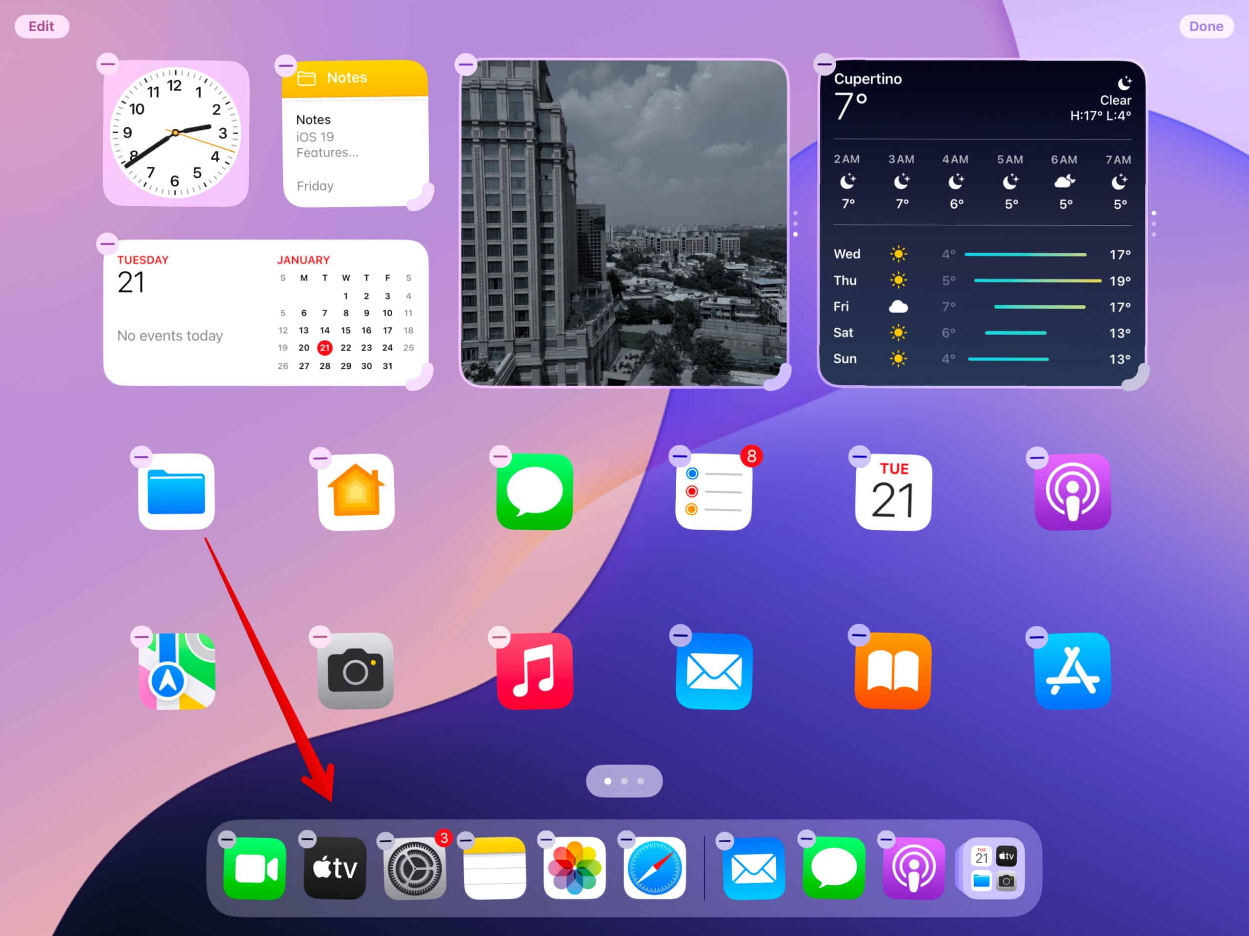 Dragging an app to the iPad Dock.