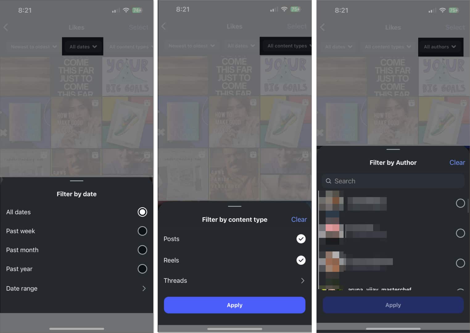 Filtering Instagram likes by date content type and authors