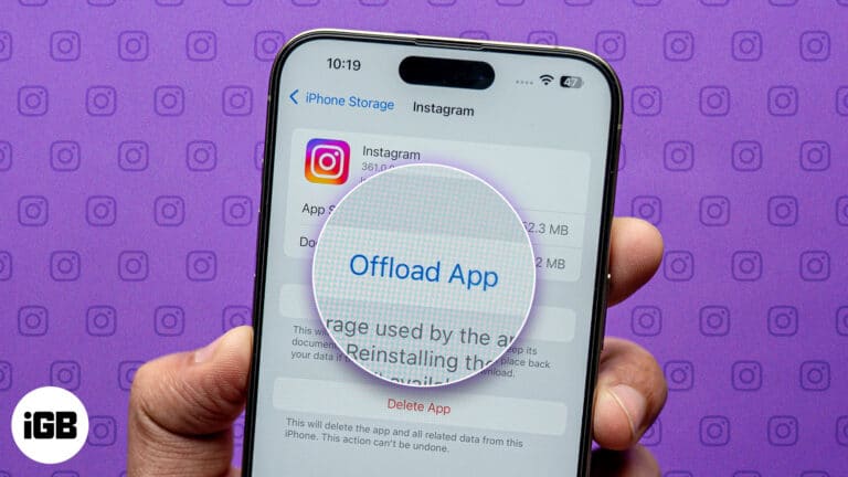 Using the Offload App option to clear Instagram cache on an iPhone.