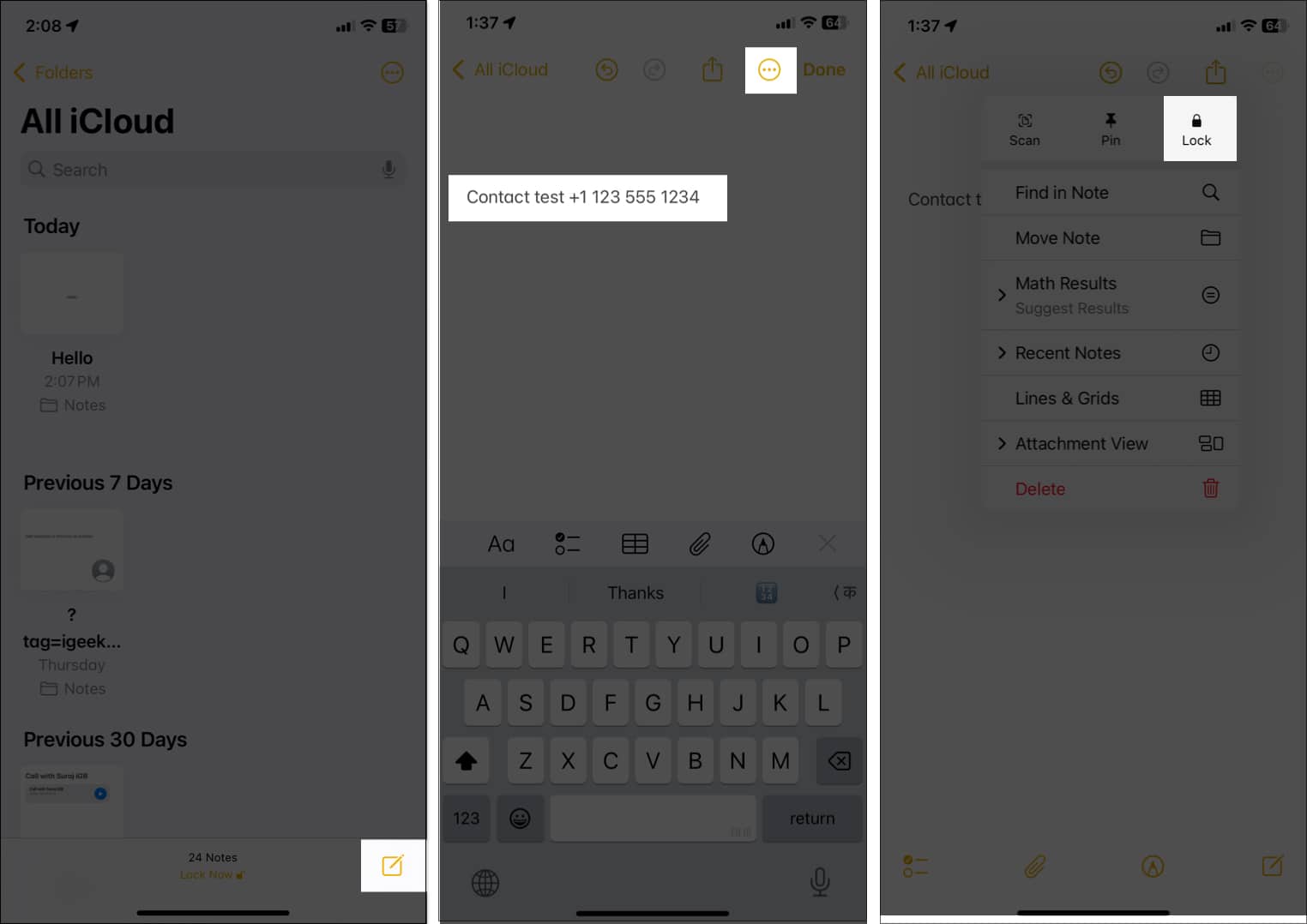 Locking note after adding contact details in the Notes app on an iPhone