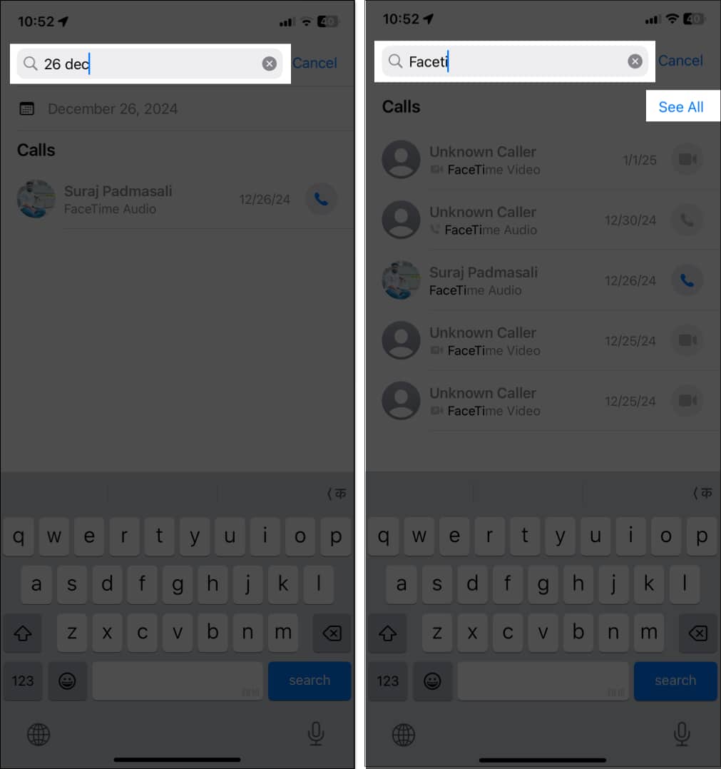 Searching call by entering date or call type in the search bar on the Phone app