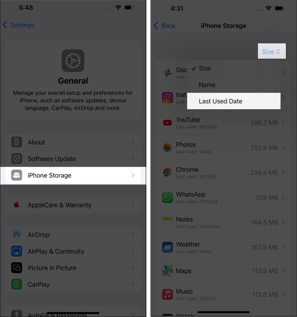 Sorting apps under iPhone Storage by by the Last Used Date filter