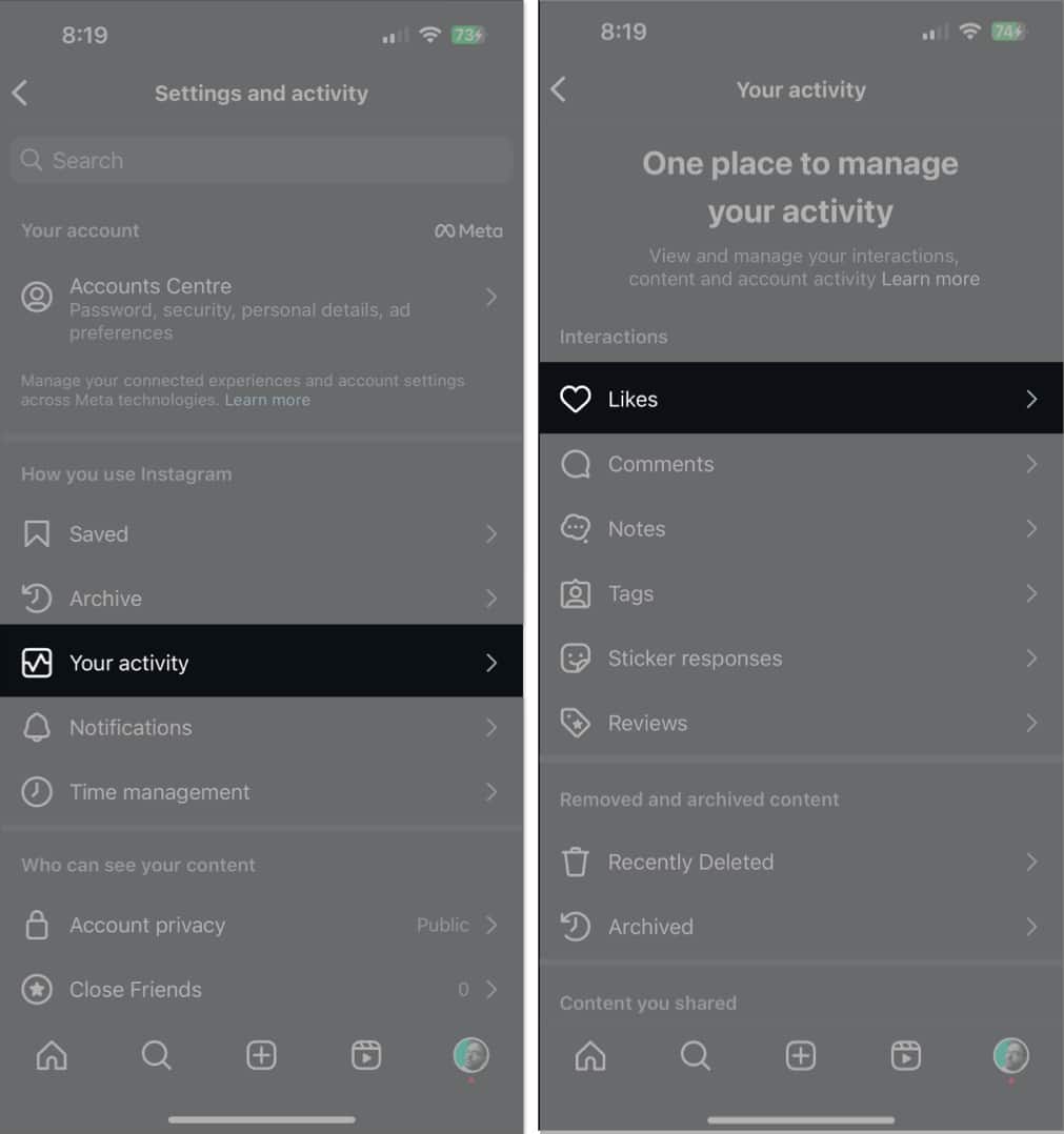 Select Likes on Your Activity page from Instagram settings