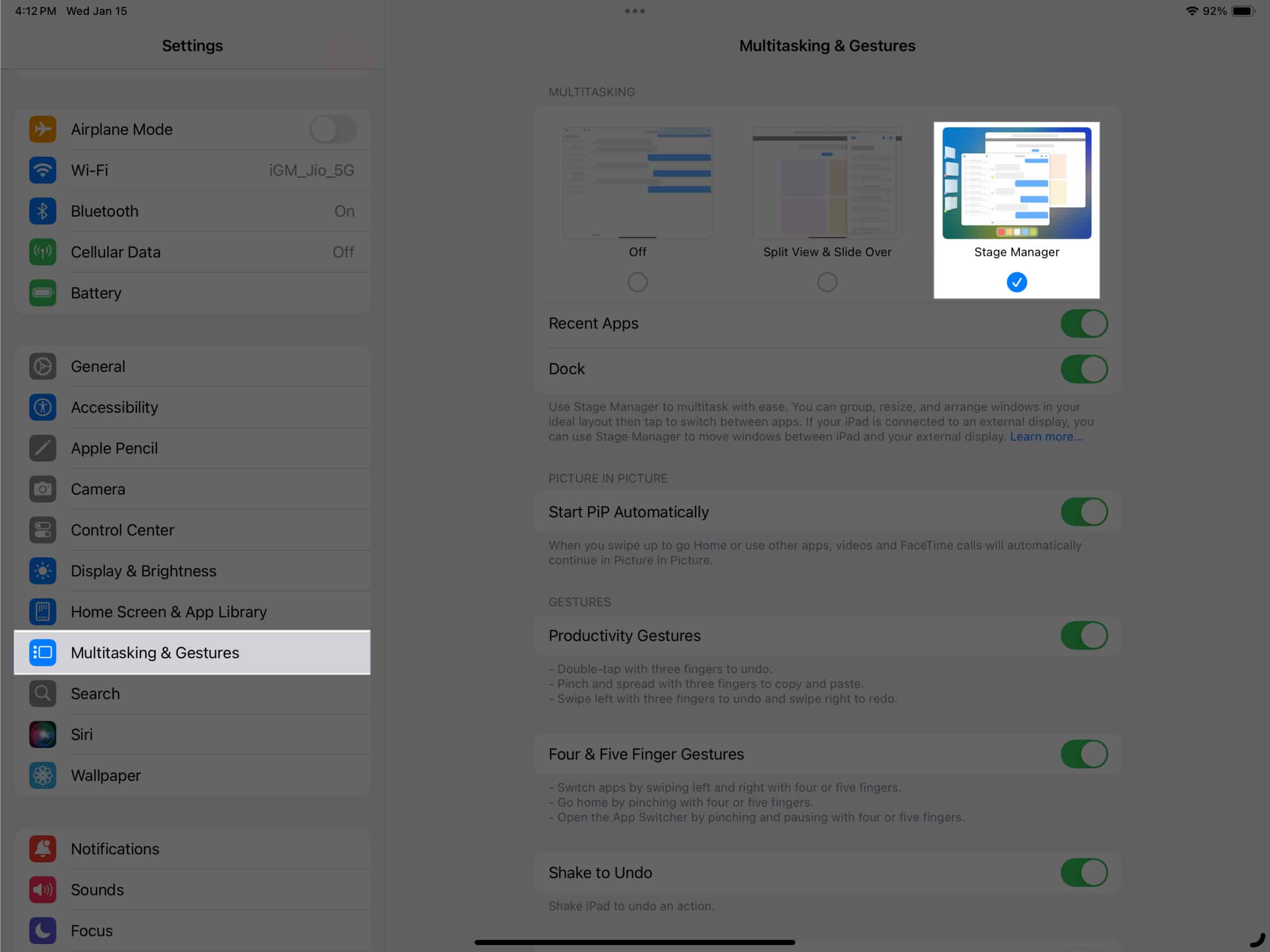 Selecting the Stage Manager option from the Multitasking  Gestures page in iPad Settings app