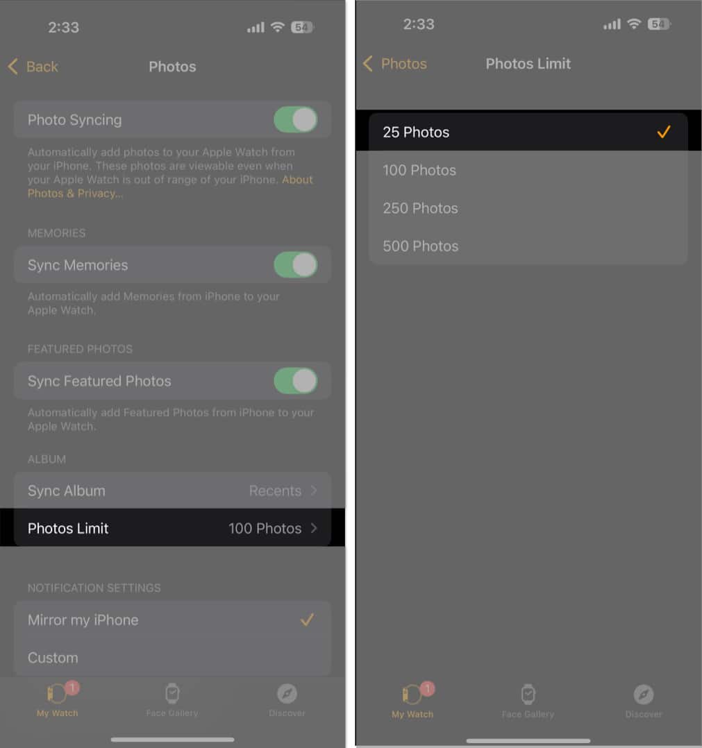 Setting Photo Limit to 25 photos in the Watch app