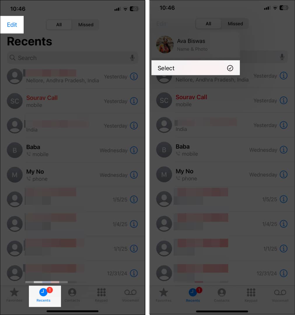 Selecting multiple calls in the Phone app for deletion
