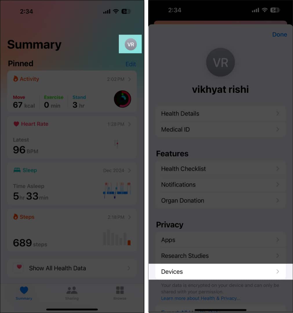Accessing the Devices option in the Apple Health app on an iPhone