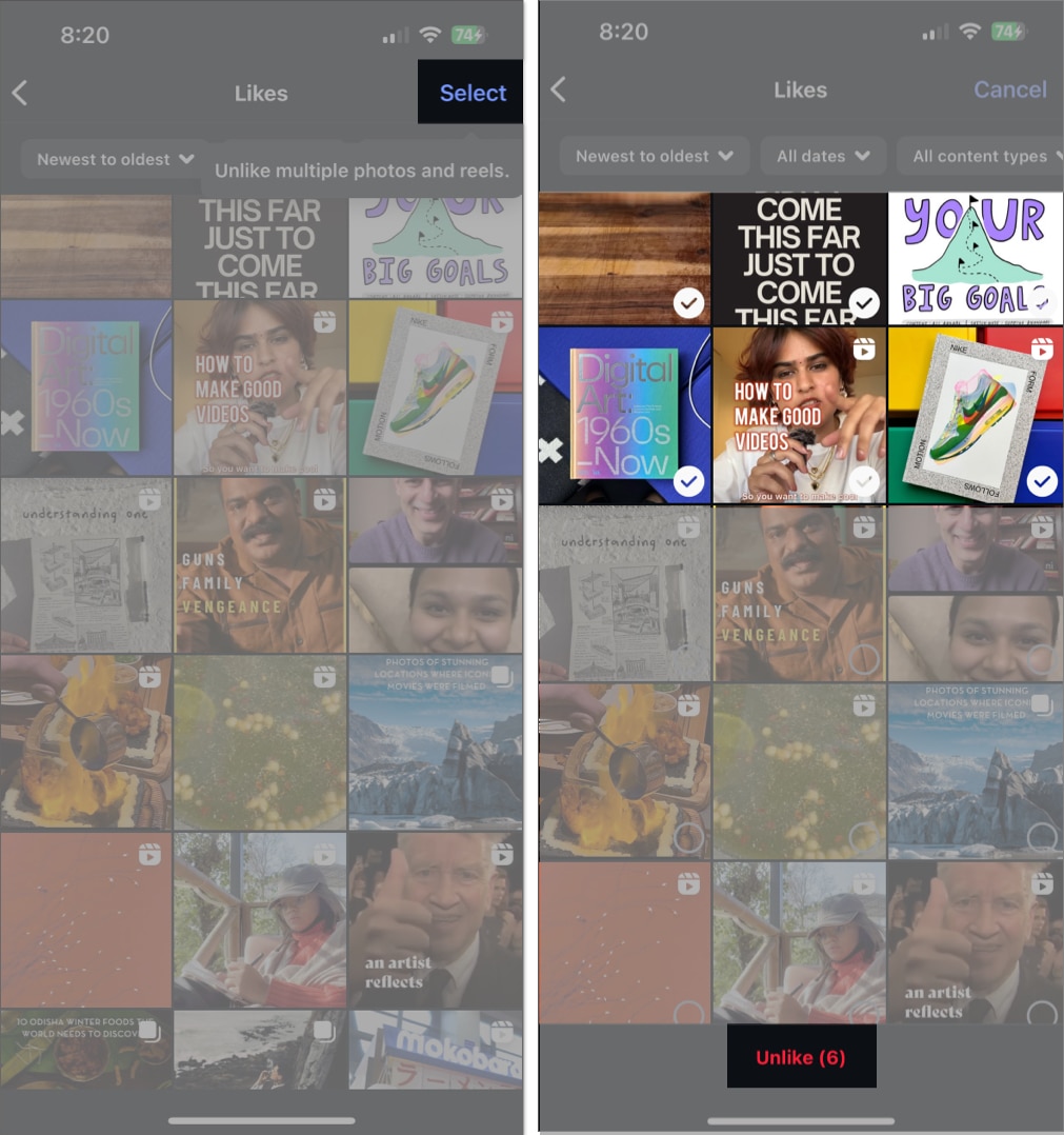 Selecting liked items to unlike in Instagram on an iPhone