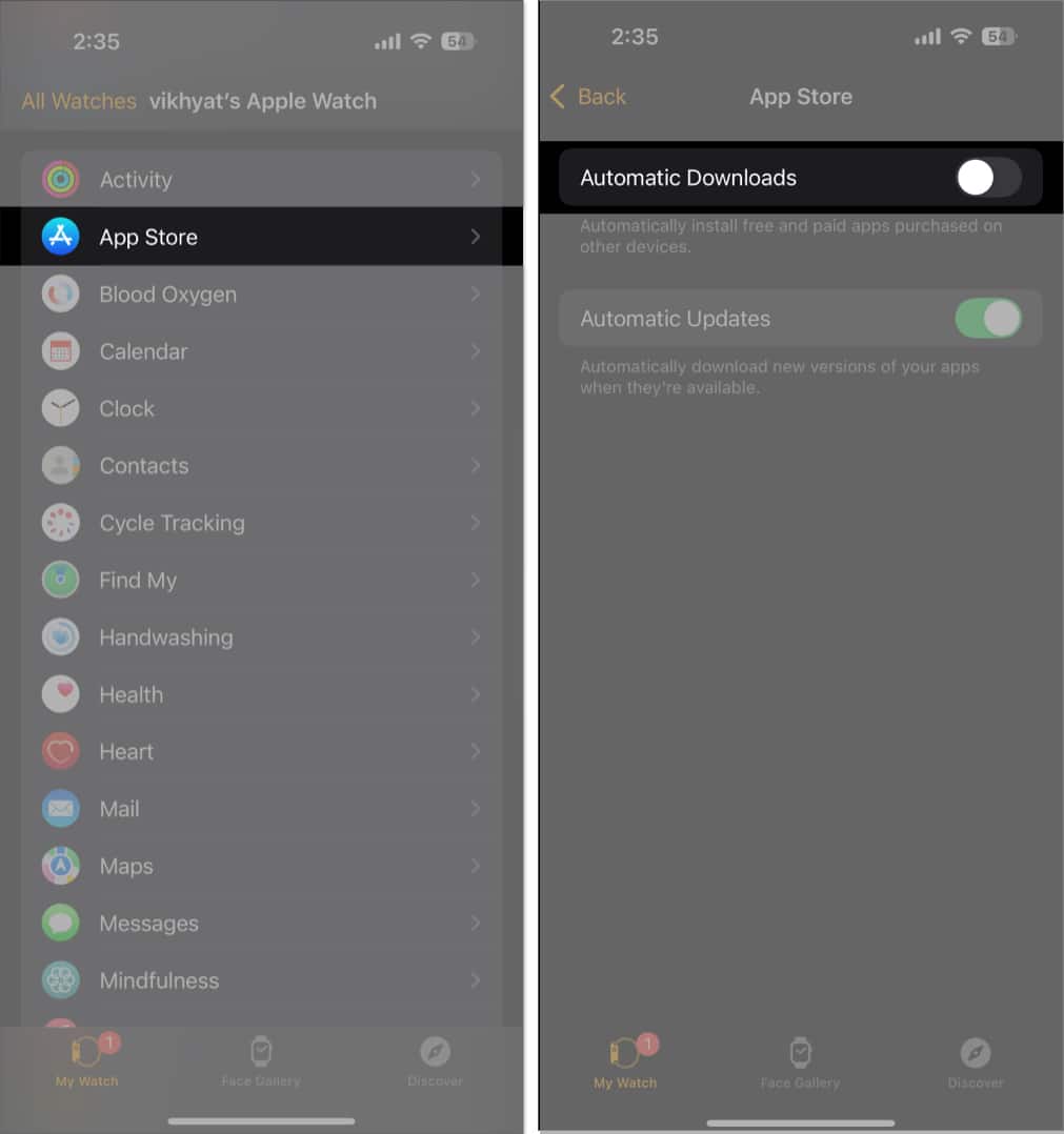 Turning off Automatic Downloads in the Watch app on an iPhone