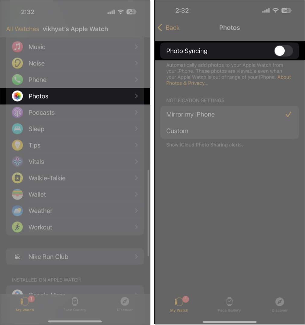 Toggling off the Photo Syncing option on the Watch app on an iPhone