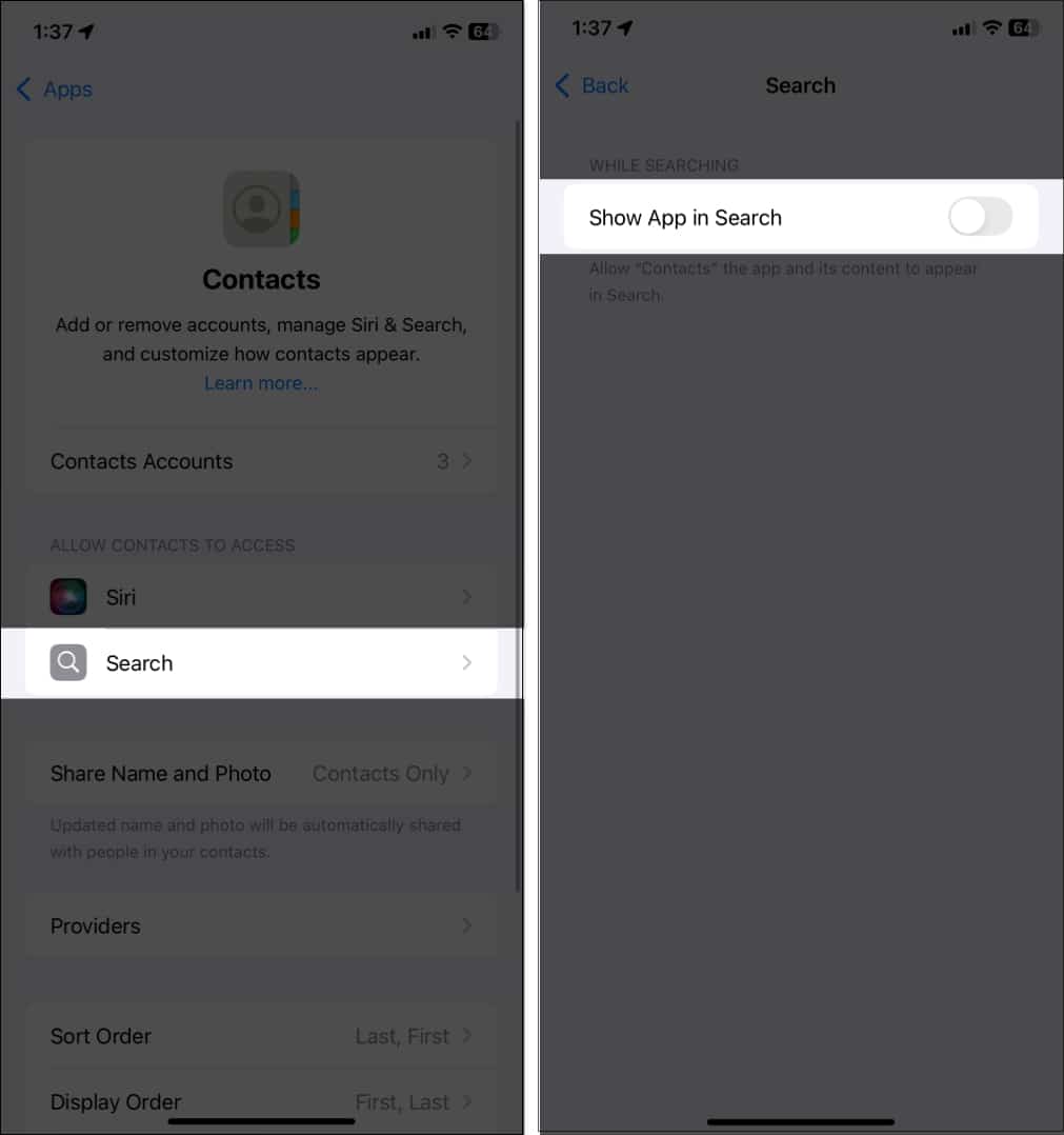Toggling off Show app in Search option