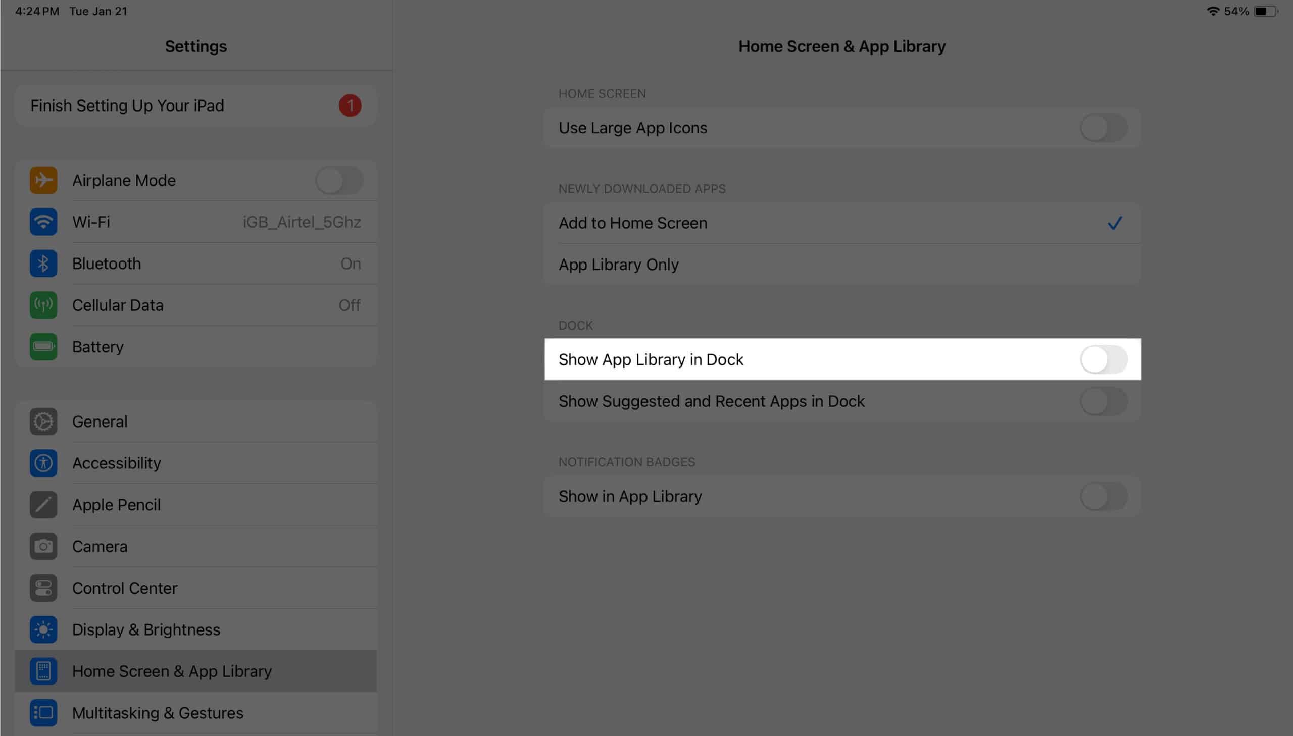 Toggling off the Show App Library in Dock and Show Suggested and Recent Apps in Dock options in iPadOS Settings.