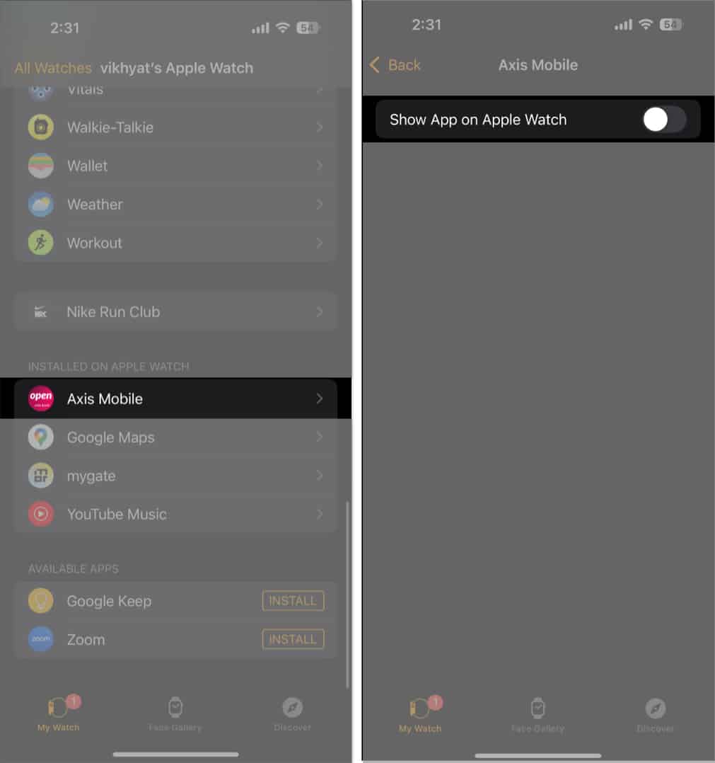 Toggling off the Show App on Apple Watch option to remove app from the App Watch