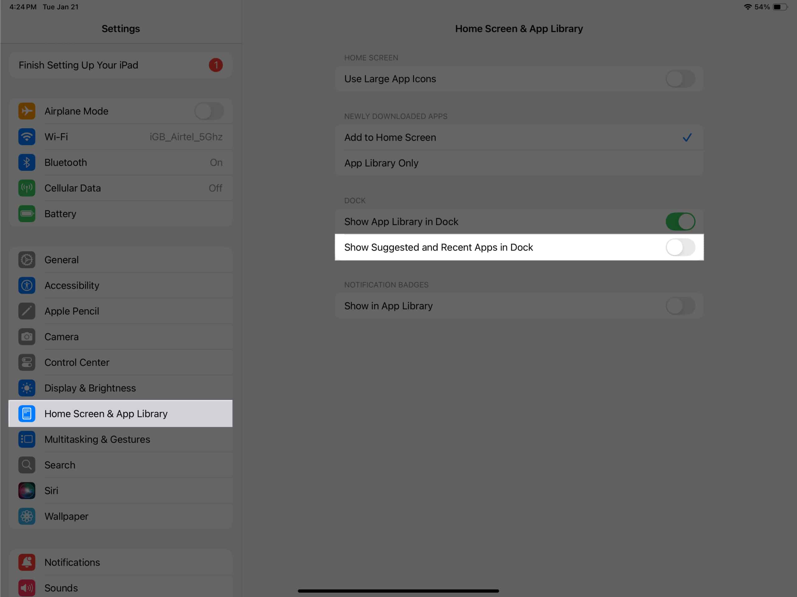 Toggling off the Show Suggested and Recent Apps in Dock option in iPadOS Settings