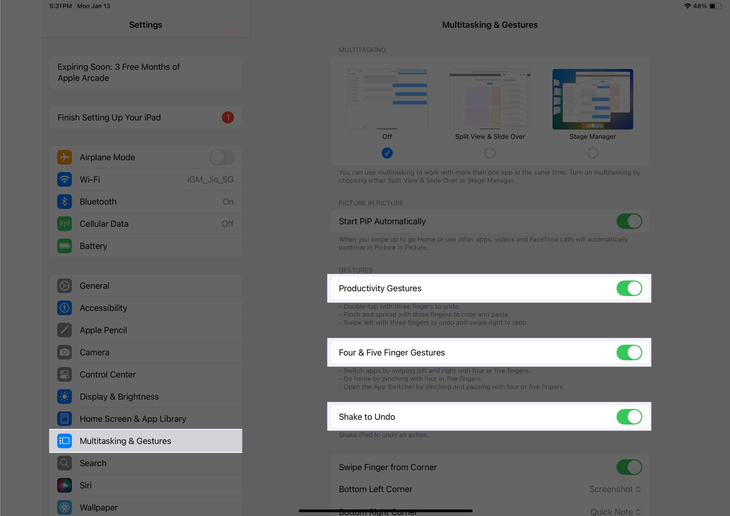 Toggling on Productivity Gestures Four  Five Gestures and Swipe finger from Corner in iPadOS Settings app