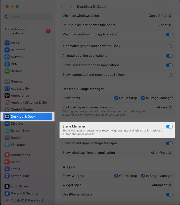 Toggling on the Stage Manager option from Display  Dock settings on a Mac