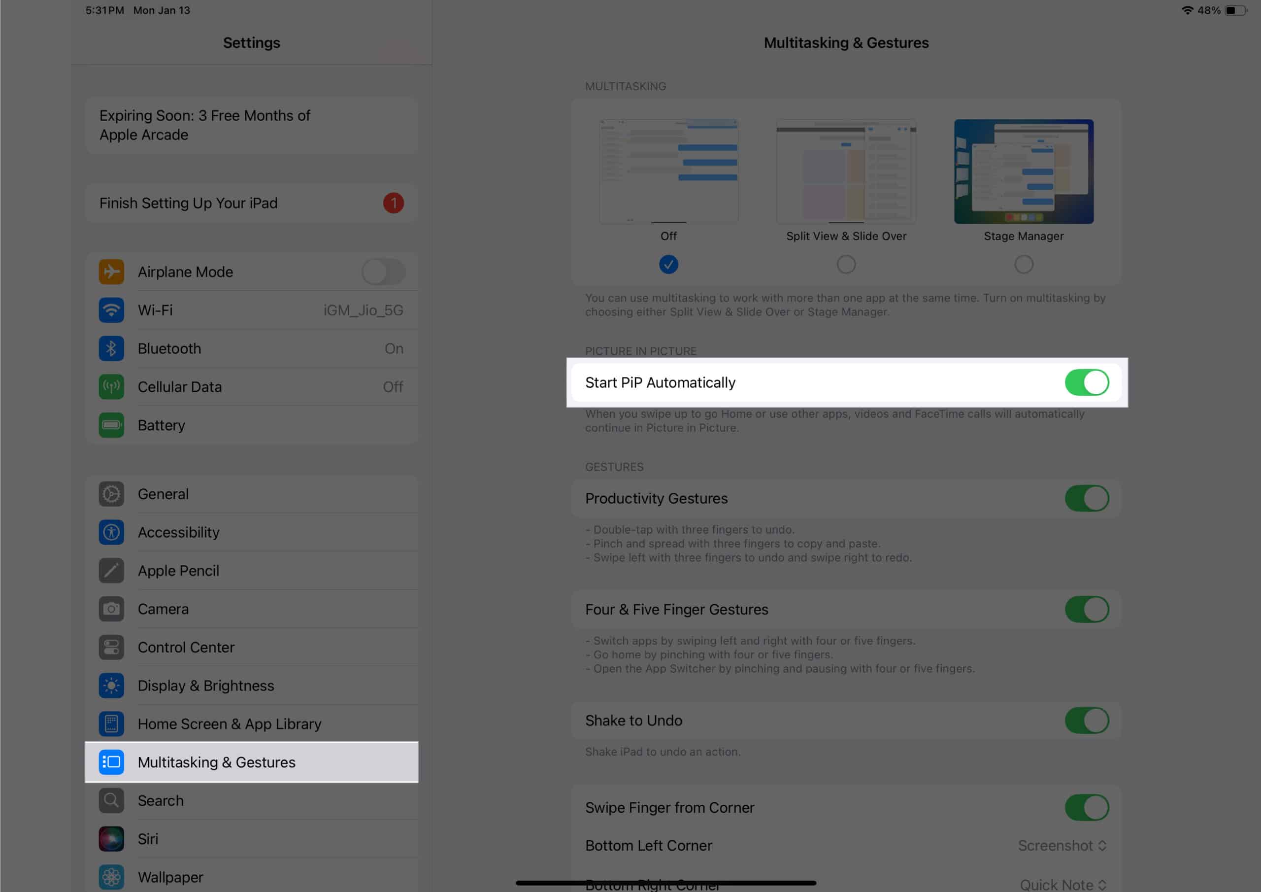 Toggling on the Start PiP Automatically option from Multitasking  Gestures settings on an iPad
