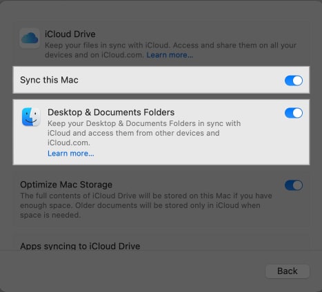 Toggling on Sync this Mac and Desktop  Documents folders options under iCloud Drive settings