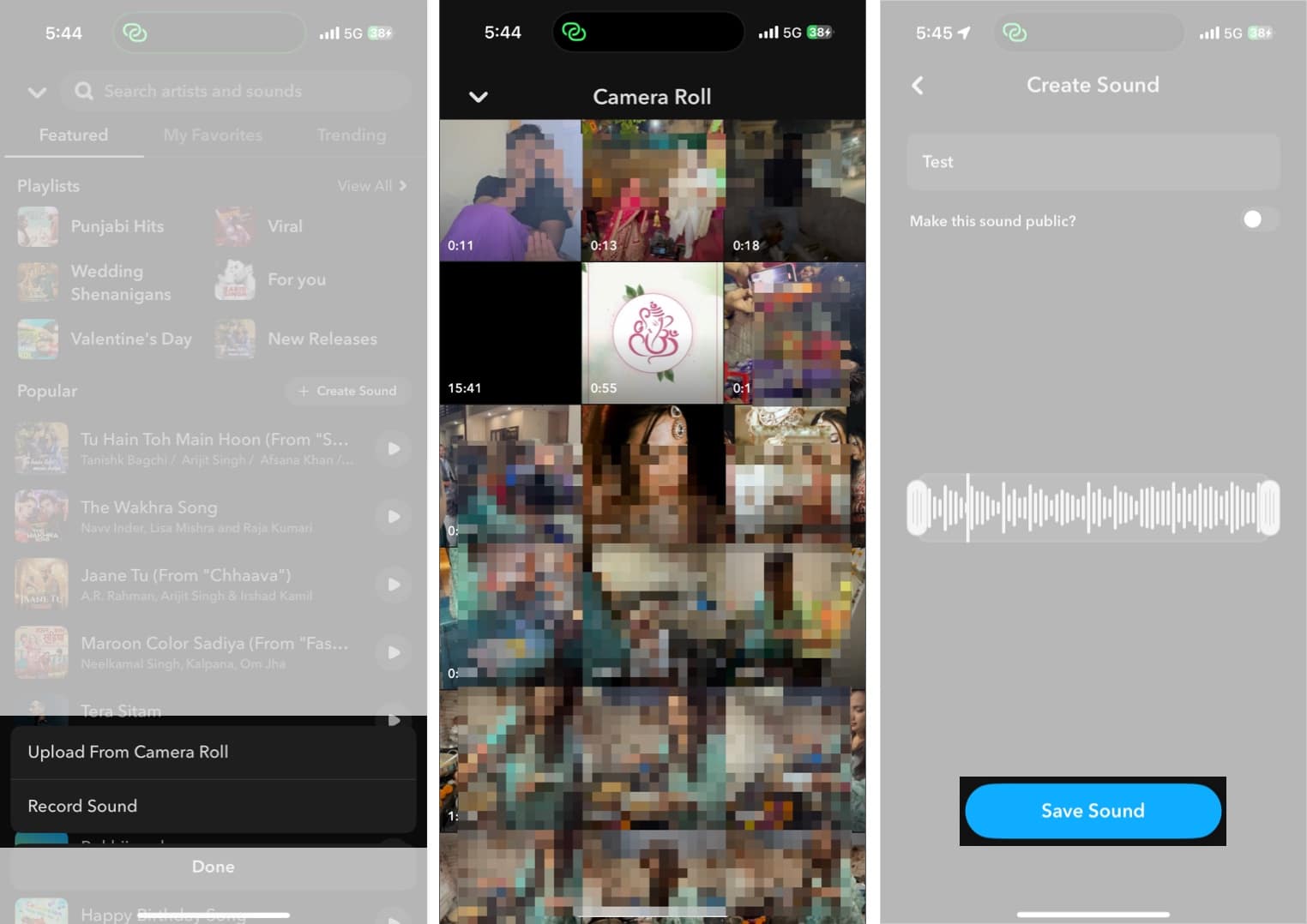Add your own sound to Snapchat Story by uploading from Camera Roll and saving the sound